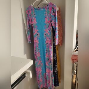 Lilly Pulitzer Vibrant Blue and Pink Maxi Dress Hawaiian Island Style